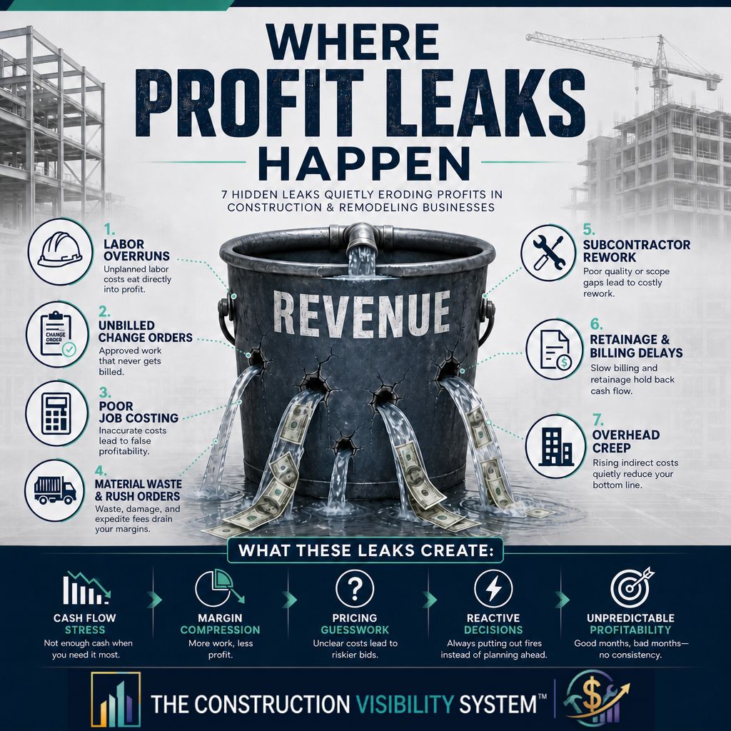 Where Profit Leaks happen Construction business owner standing in a partially finished residential remodel, illustrating how hidden expense leaks impact job profitability and cash flow.