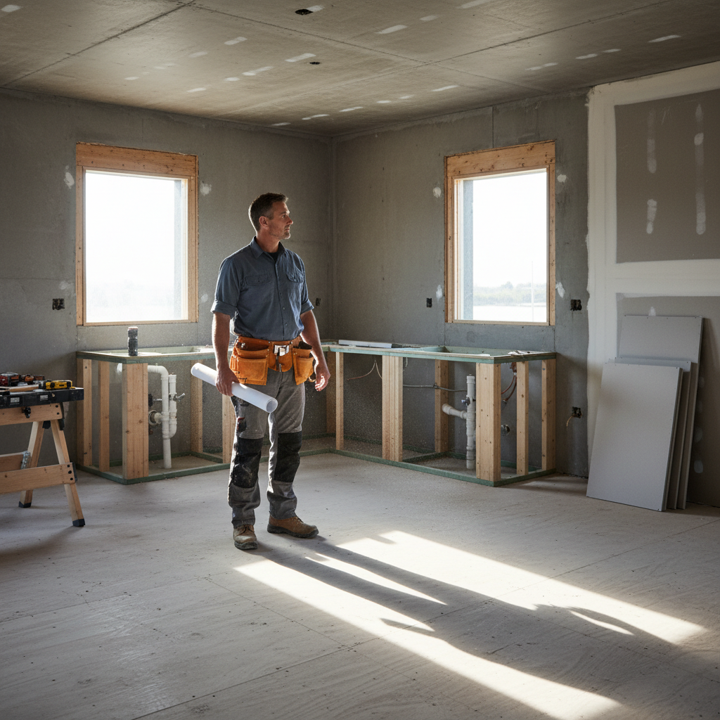 Construction business owner standing in a partially finished residential remodel, illustrating how hidden expense leaks impact job profitability and cash flow.