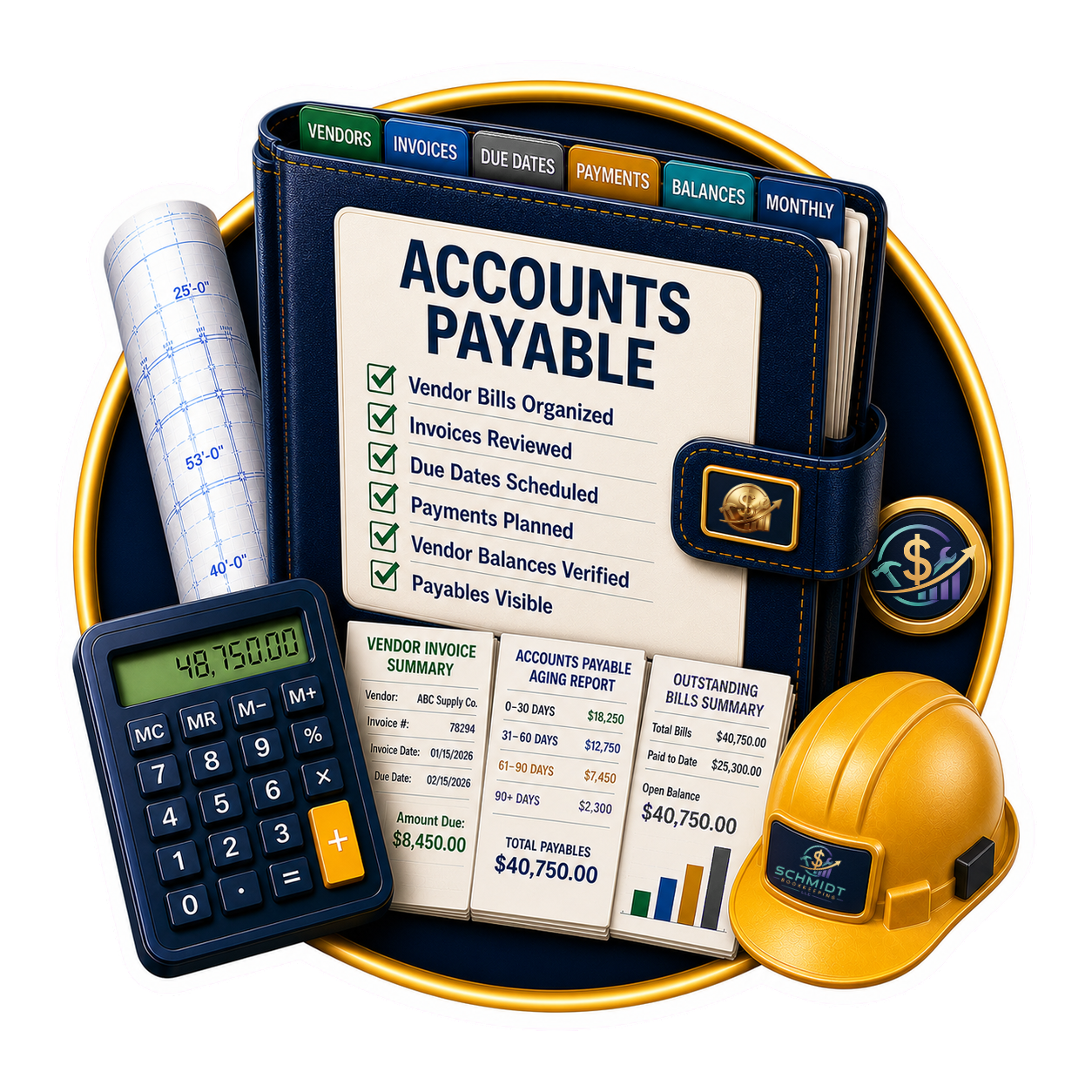 Accounts payable feature icon representing contractor vendor bill management and construction bookkeeping