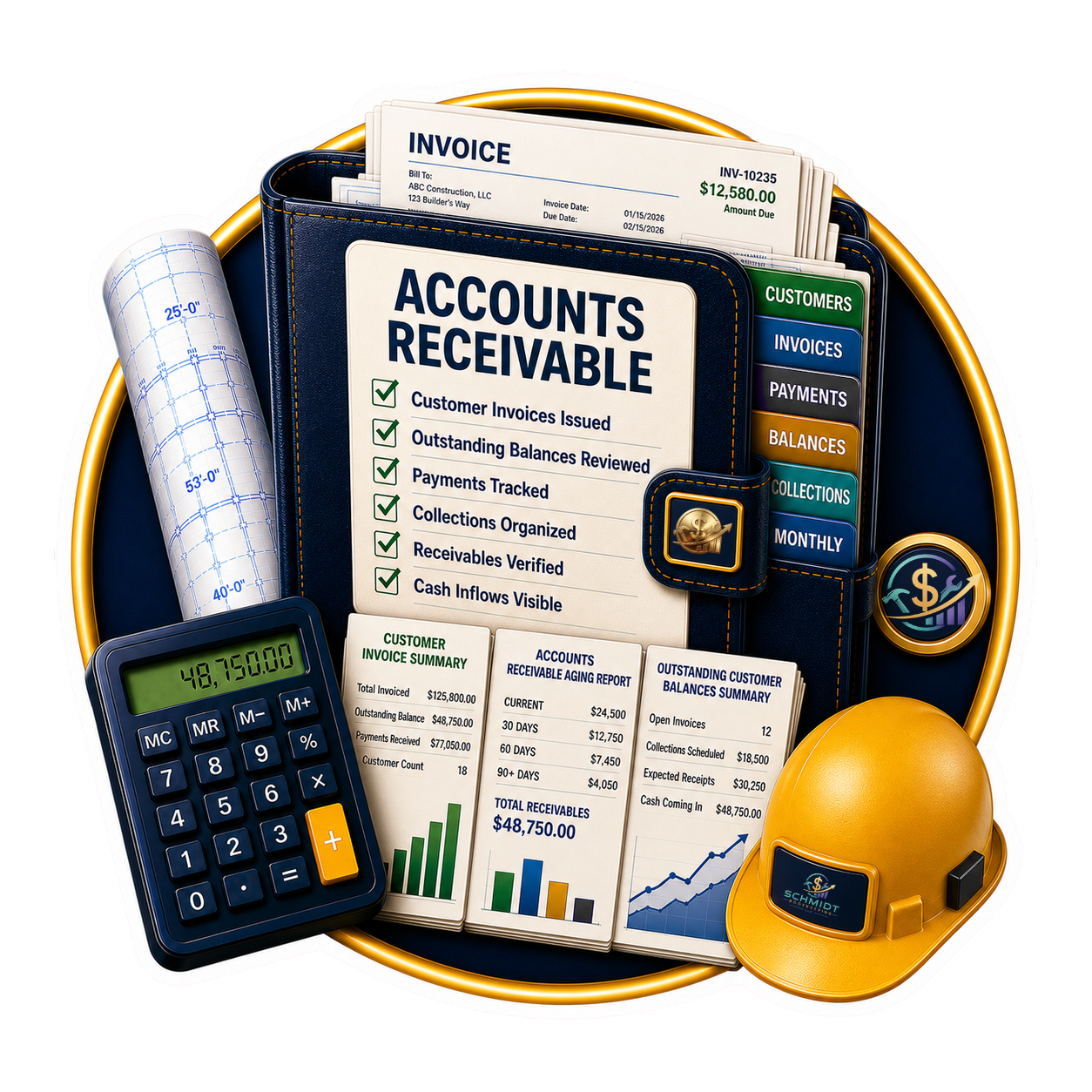 Accounts Receivable construction bookkeeping feature icon showing customer invoices, receivable aging reports, outstanding balances, payment tracking, and cash collection visibility for contractors.