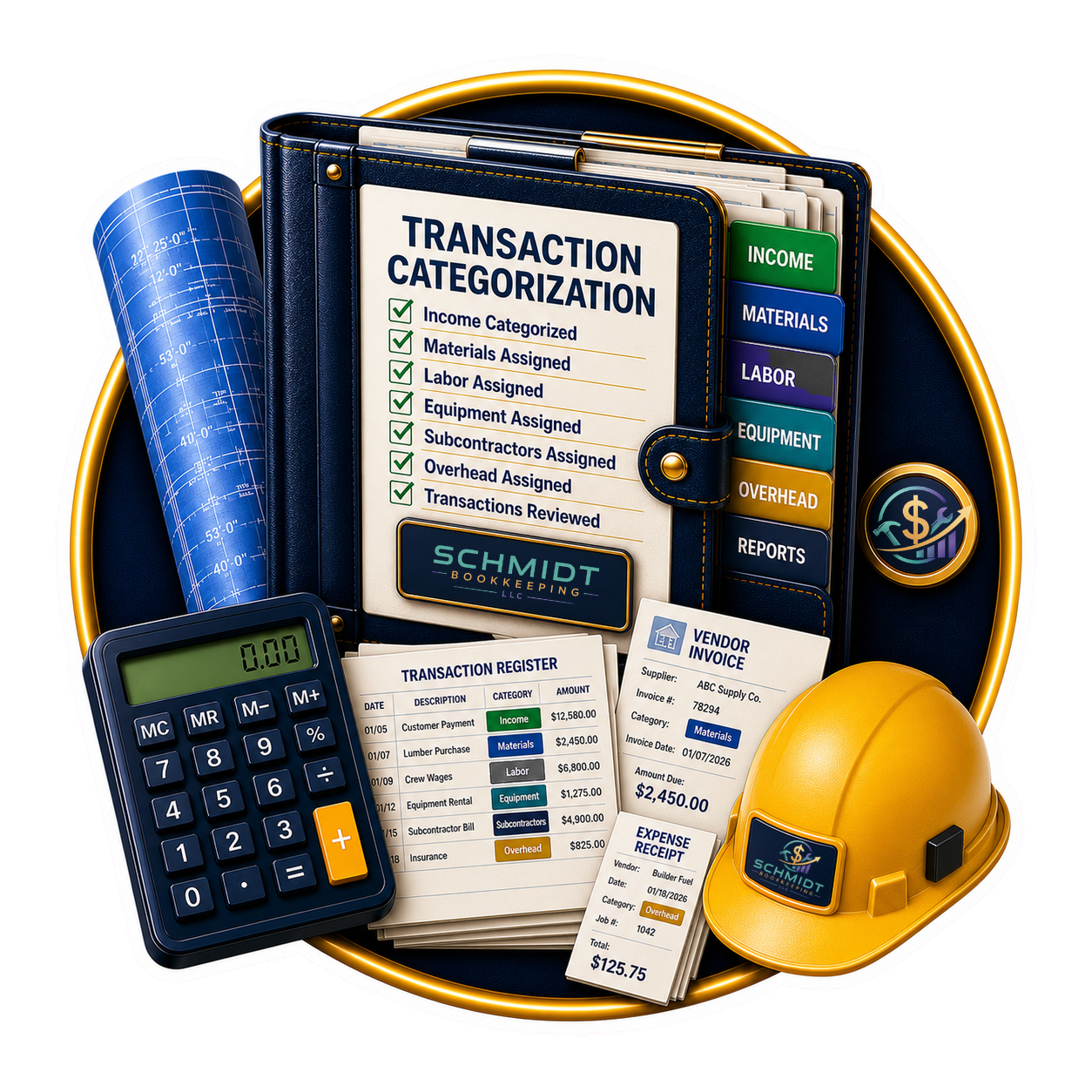 Accurate Transaction Categorization hero feature icon showing organized construction bookkeeping and properly categorized financial transactions for contractors.