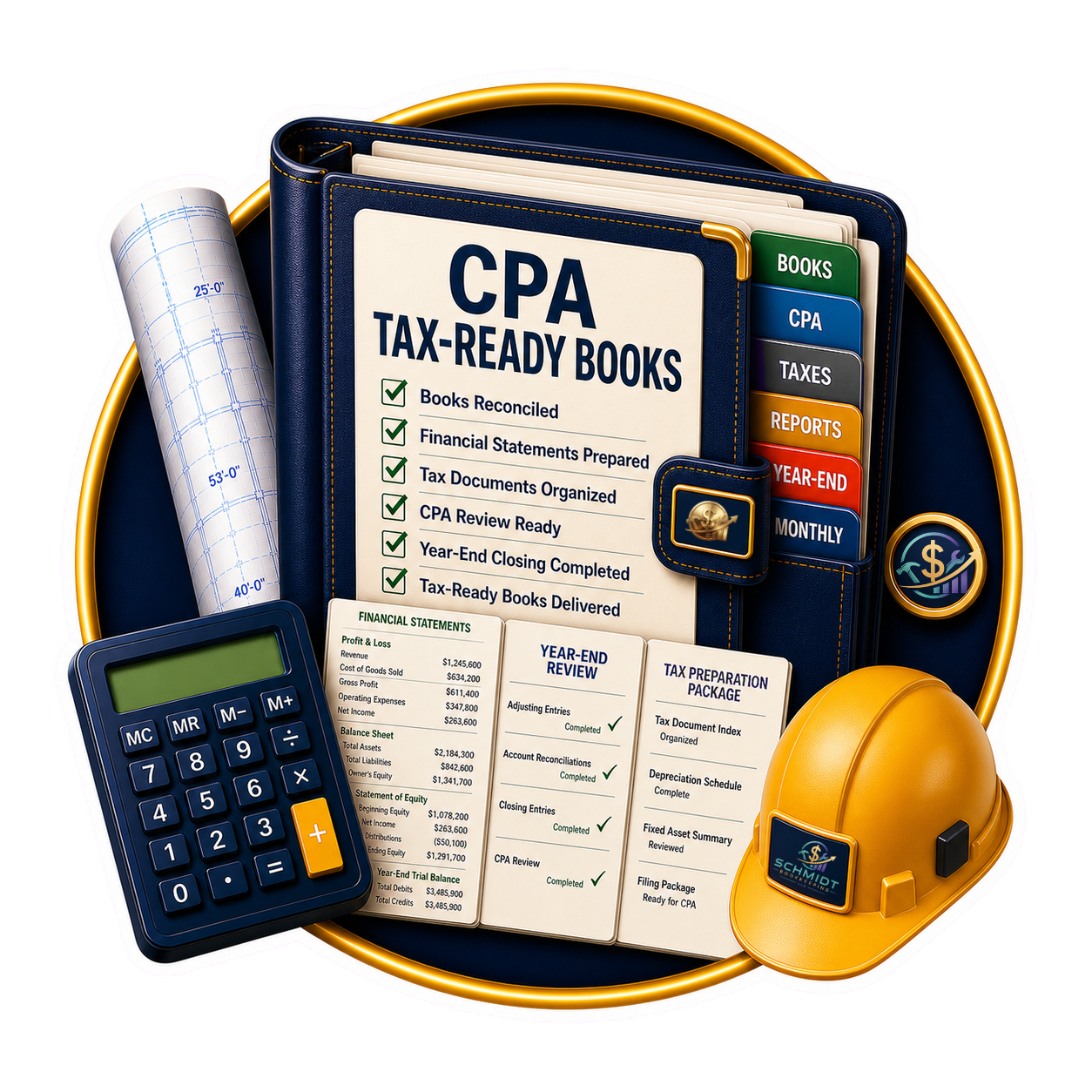 CPA tax-ready books feature icon representing organized construction bookkeeping prepared for tax filing