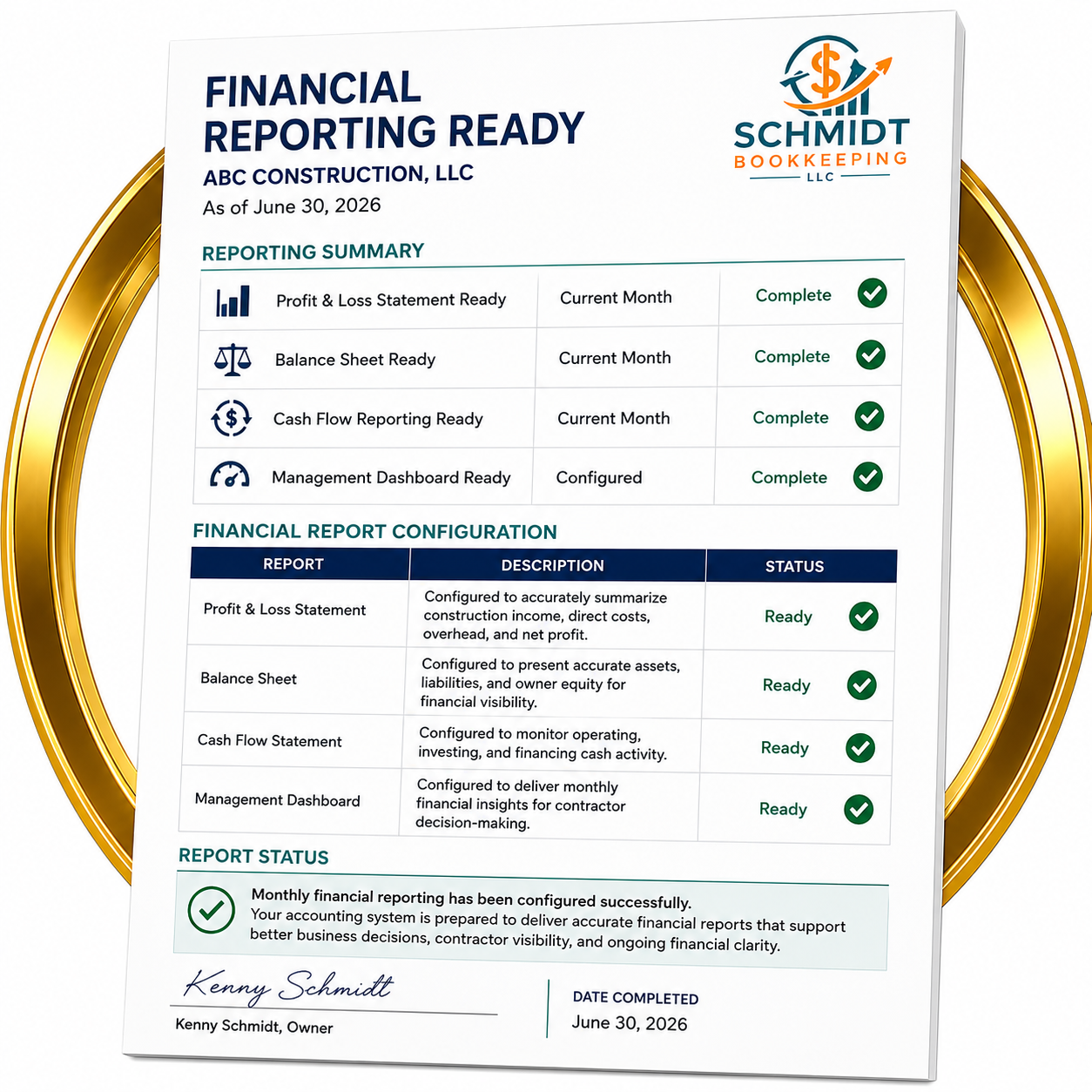 Professional Statement of Cash Flows prepared by Schmidt Bookkeeping as part of the Construction Visibility Systemâ„¢ for construction companies.