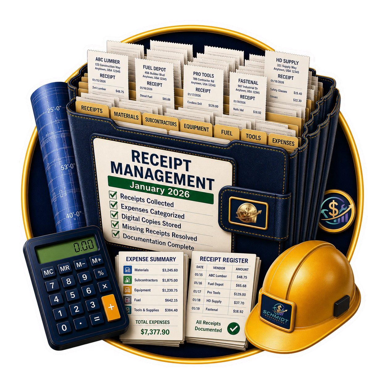Receipt management feature icon representing organized receipt collection and construction bookkeeping for contractors