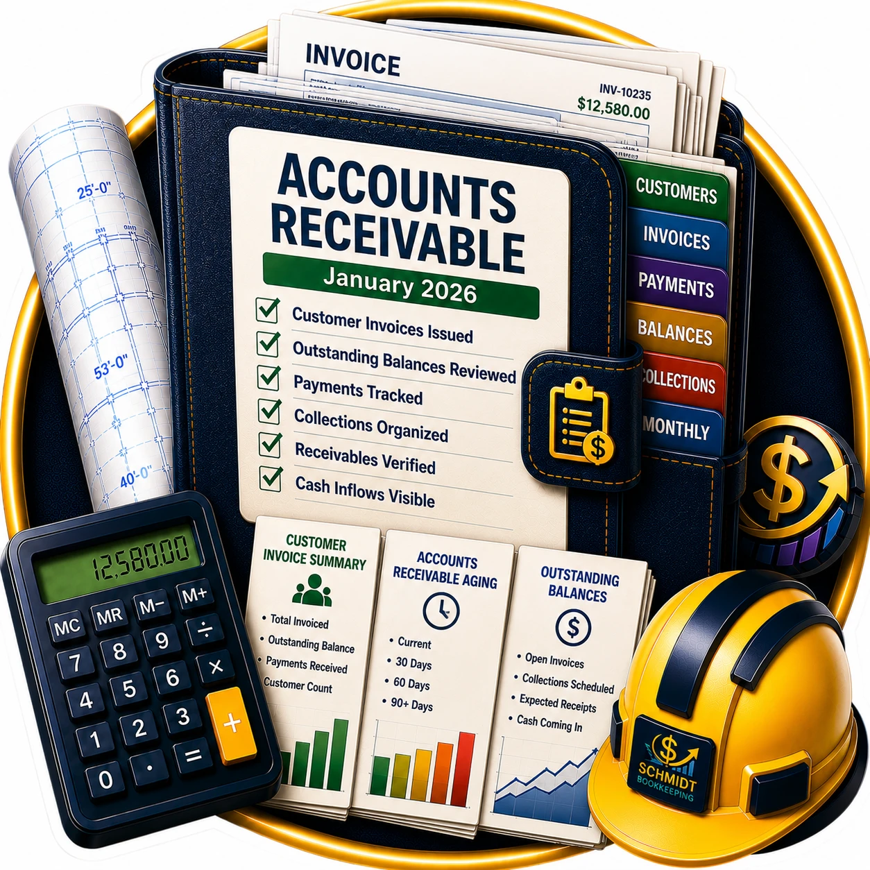 Accounts Receivable construction bookkeeping feature icon showing customer invoices, receivable aging reports, outstanding balances, payment tracking, and cash collection visibility for contractors.