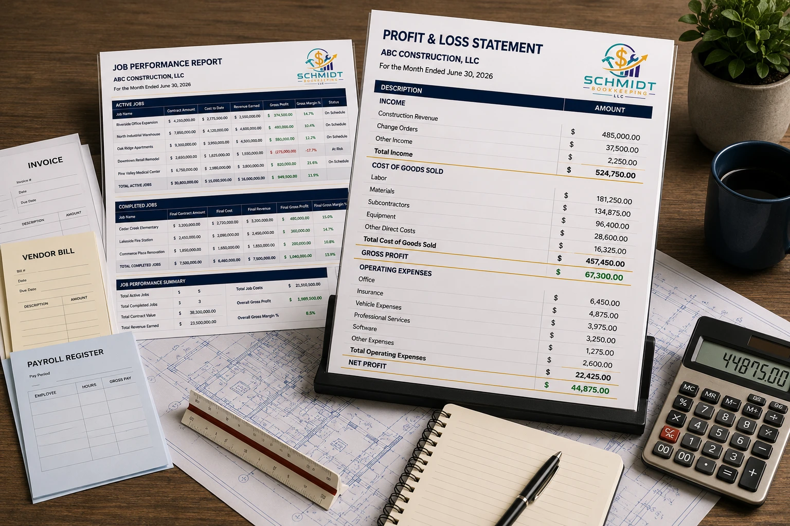 schmidt-bookkeeping-construction-profitability-ILL-BLOG-002 Profit and Loss Statement with construction invoices and job-cost information showing how contractors evaluate business profitability.