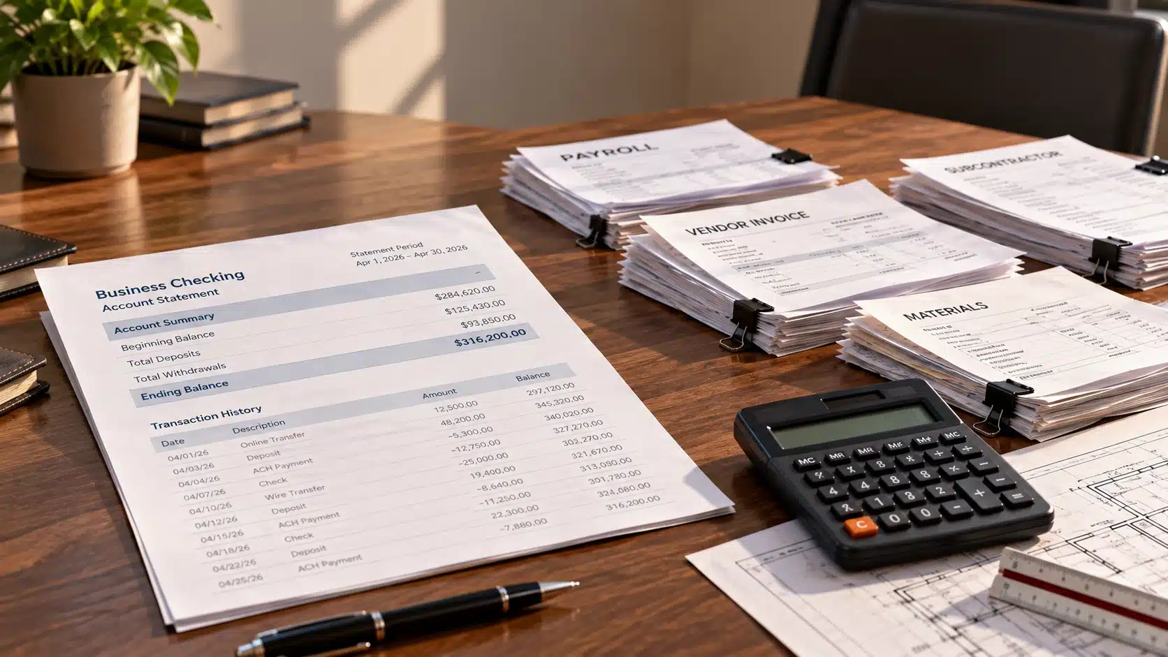 Understanding Bank Balance vs Available Cash Financial illustration showing a construction company bank balance alongside payroll, vendor bills, and job costs that affect how much cash is actually available.